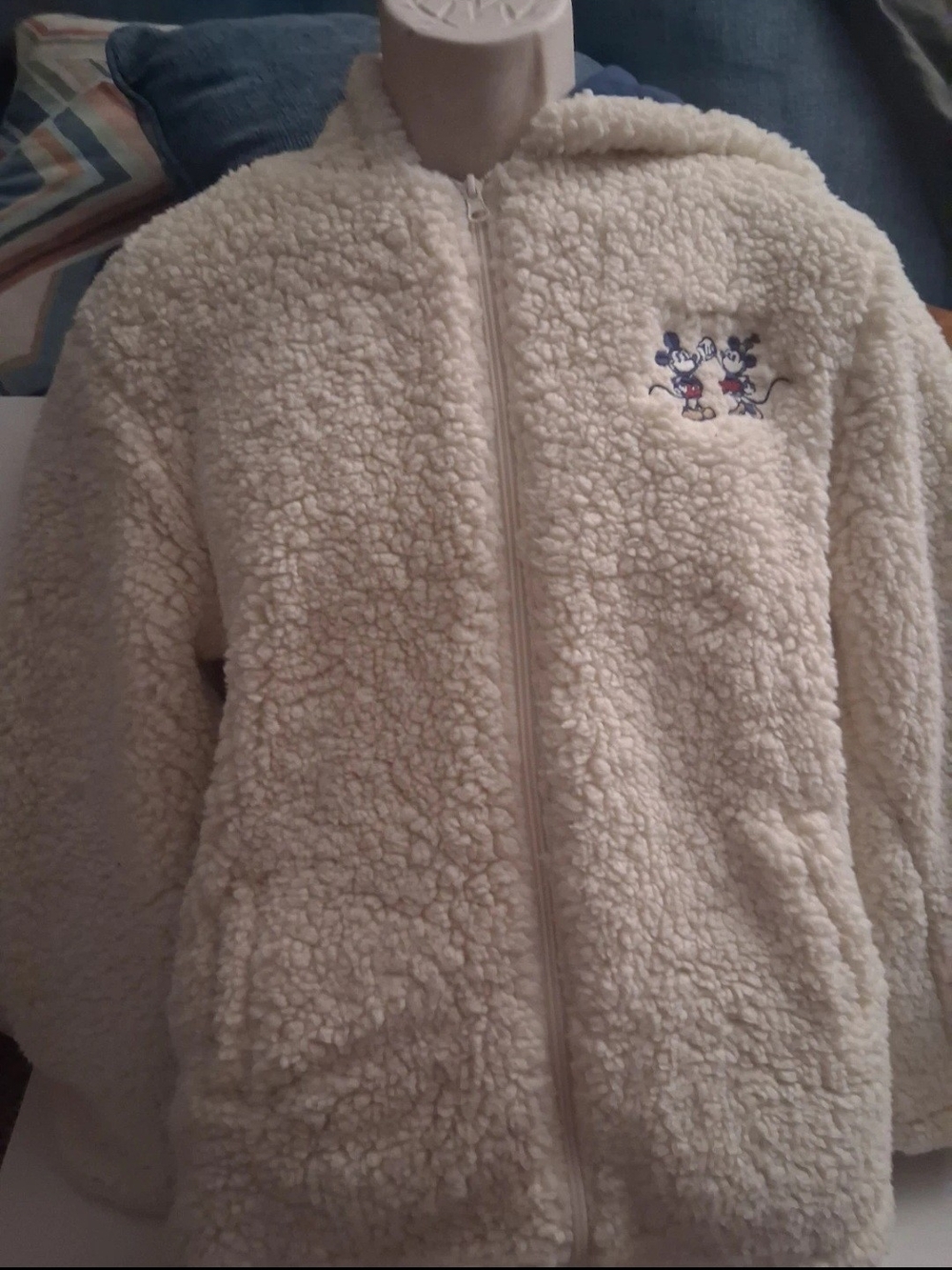 Disney Cream Sherpa Hooded Zip-Up Jacket with Mickey & Minnie Embroidery